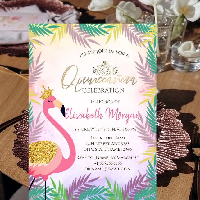 Tropical  Leaf Pink Flamingo Quinceañera Invitation (Creator Uploaded)