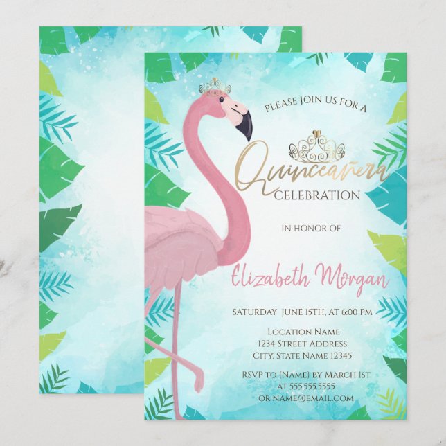 Tropical  Leaf Pink Flamingo Summer Quinceañera Invitation (Front/Back)
