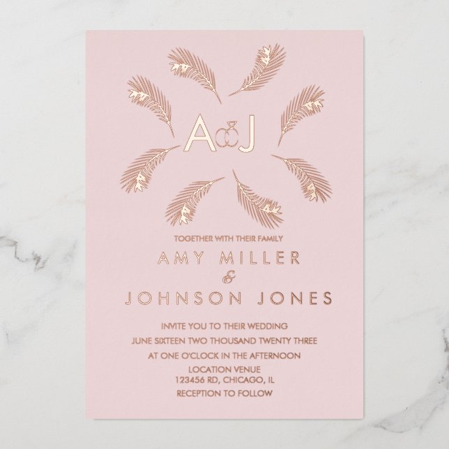 Tropical Leaf Ring Sage Wedding Pressed   Foil Inv (Front)