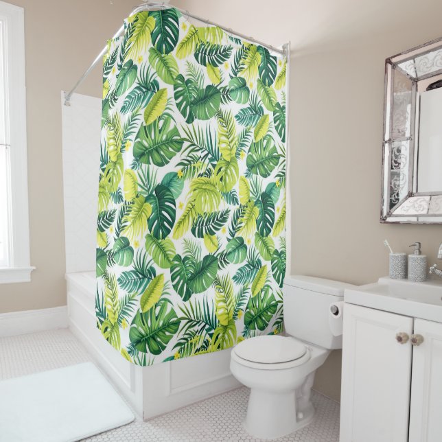 Tropical Leaf Story – Monstera & Banana Leaf  Shower Curtain (In Situ)