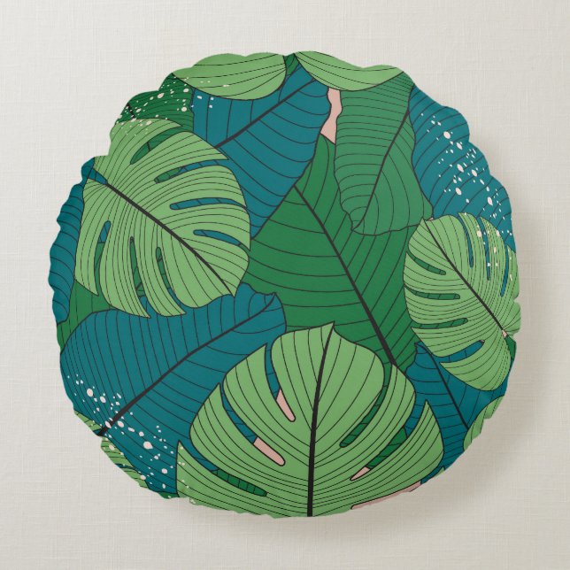 Tropical Leaf Tapestry: Vintage Verdure Round Cushion (Front)