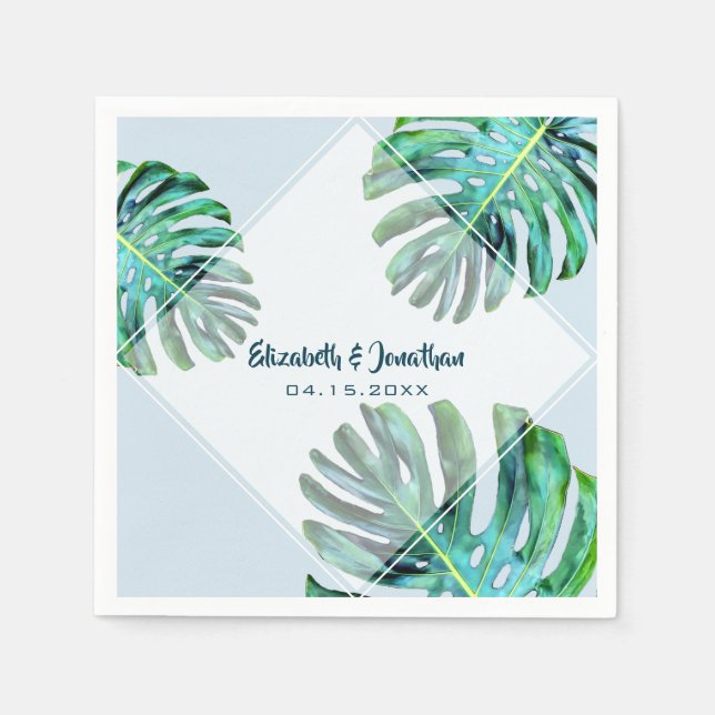 Tropical Leaf Trendy Modern Greenery Blue Wedding Napkin (Front)