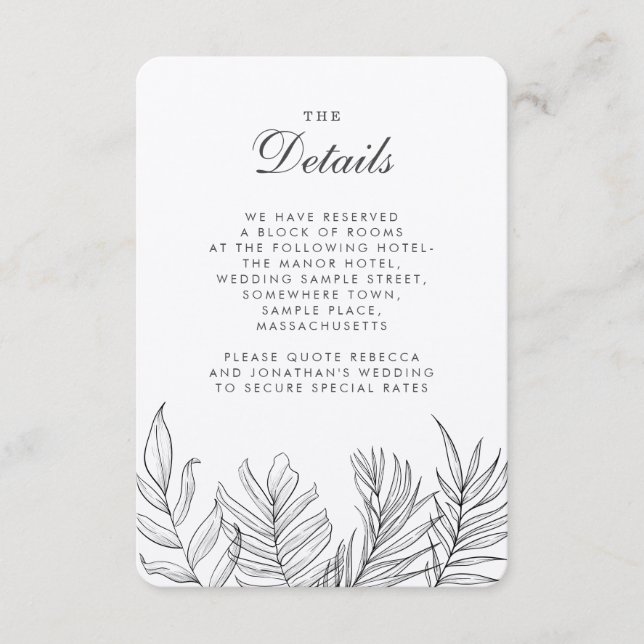 Tropical Leaf Vintage Black Wedding Details Enclosure Card (Front)