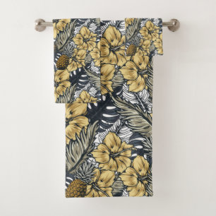 Tropical Leafs and Flowers Pattern Bath Towel Set