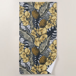 Tropical Leafs and Flowers Pattern Beach Towel