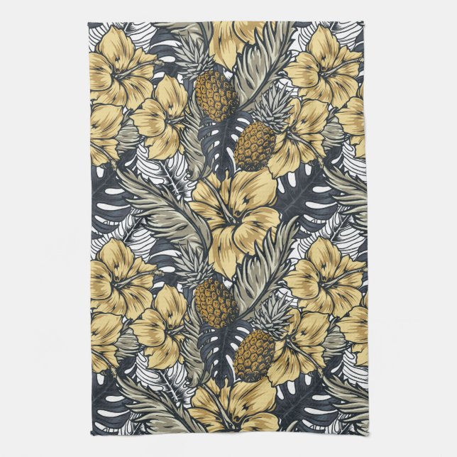 Tropical Leafs and Flowers Pattern Tea Towel (Vertical)