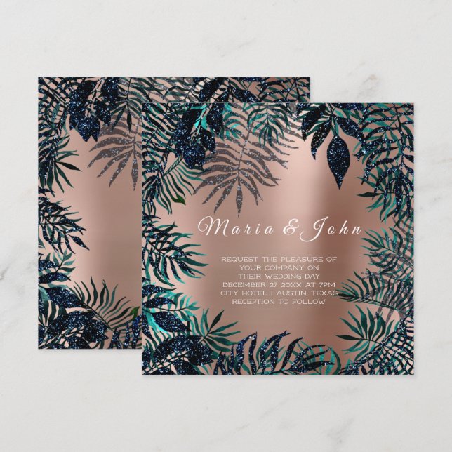 Tropical Leafs Glitter Garden Blue Navy Teal Blush Invitation (Front/Back)