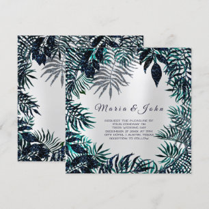 Tropical Leafs Glitter Garden Florals Teal Grey Invitation