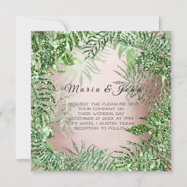 Tropical Leafs Glitter Garden Rose Gold Mint Green Invitation (Front)