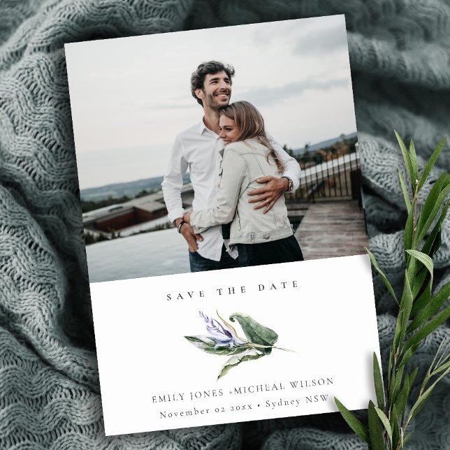 Tropical Leafy Blue Floral Photo Save The Date Invitation (Creator Uploaded)