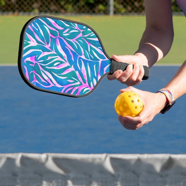 Tropical Leafy Blue Pink Pattern Pickleball Paddle (Insitu)