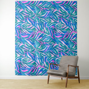 Tropical Leafy Blue Pink Pattern Tapestry
