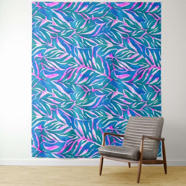 Tropical Leafy Blue Pink Pattern Tapestry (In Situ)