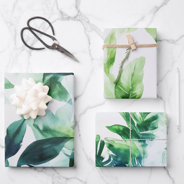 Tropical leafy green botanical house plant wrapping paper sheet (Front)