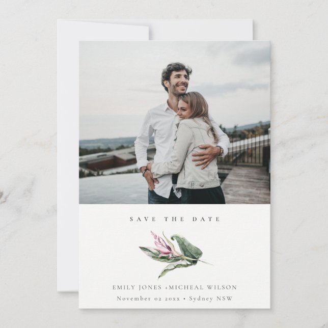 Tropical Leafy Pink Floral Photo Save The Date Invitation (Front)