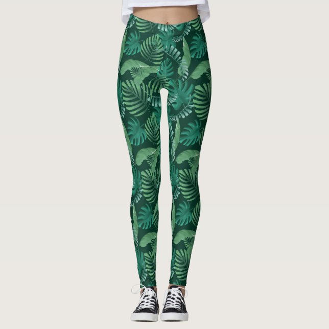 Tropical Leafy Print Leggings Green (Front)