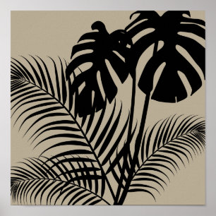 Tropical Leaves 1 Black on Tan Modern Art Print