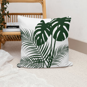 Tropical Leaves 1 Dark Green on White Cushion