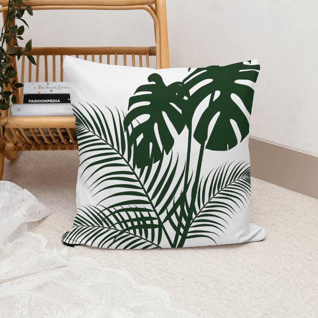 Tropical Leaves 1 Dark Green on White Cushion (Creator Uploaded)
