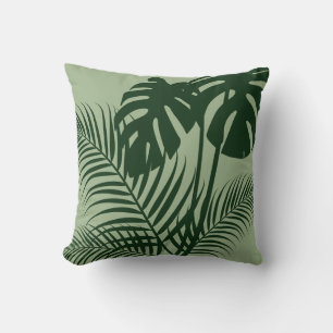 Tropical Leaves 1 Dark on Light Green Cushion