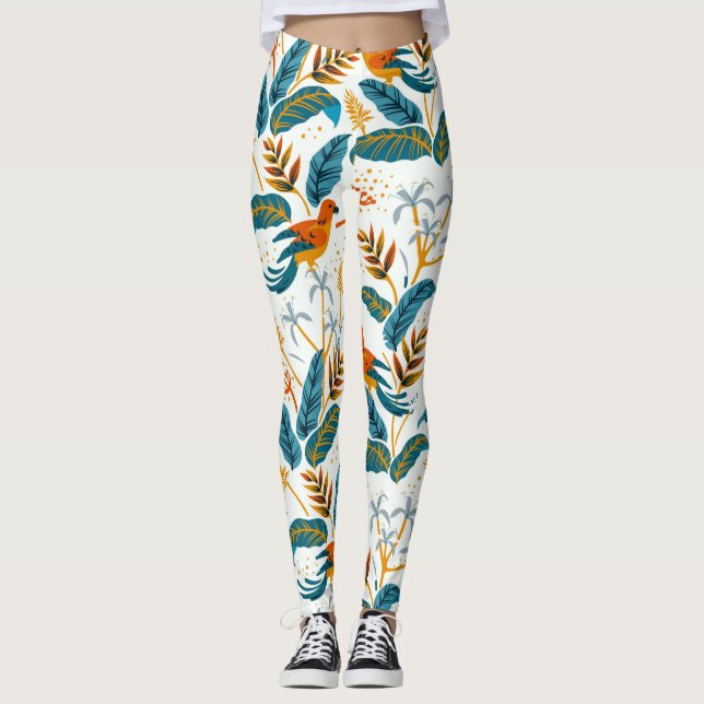 Tropical leaves and birds pattern leggings (Front)