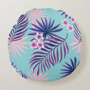 Tropical leaves and flowers 2 round cushion