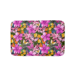 Tropical leaves and flowers bath mat