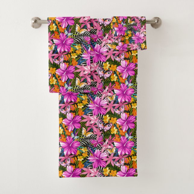 Tropical leaves and flowers bath towel set (Insitu)
