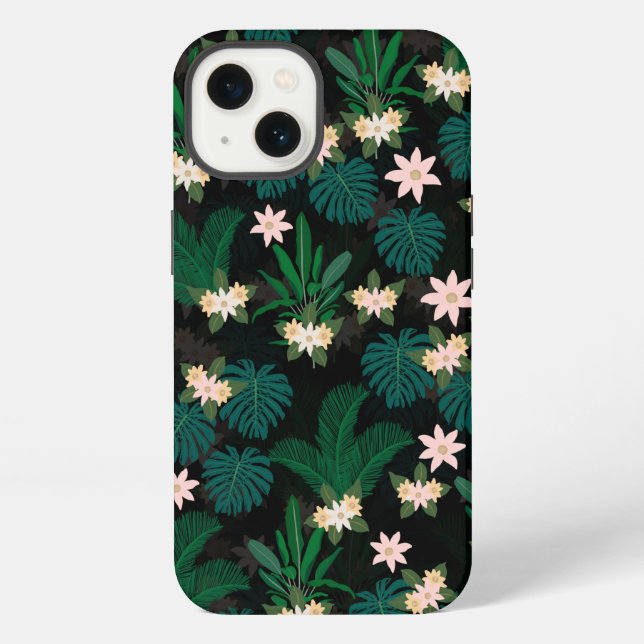 Tropical Leaves and Flowers Black Pattern iPhone Case (Back)