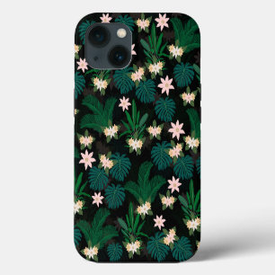 Tropical Leaves and Flowers Black Pattern iPhone 13 Case