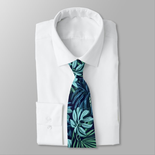 Tropical Leaves and Flowers Blue Green Tie (Tied)