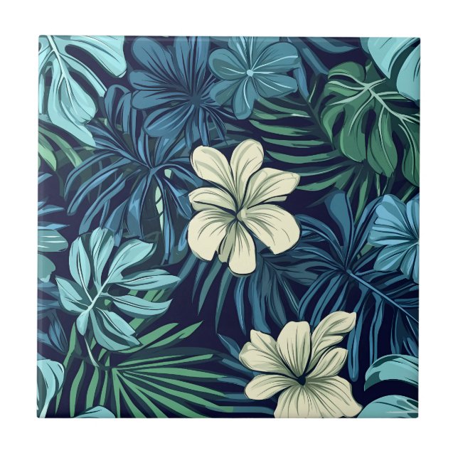 Tropical Leaves and Flowers Blue Green Tile (Front)