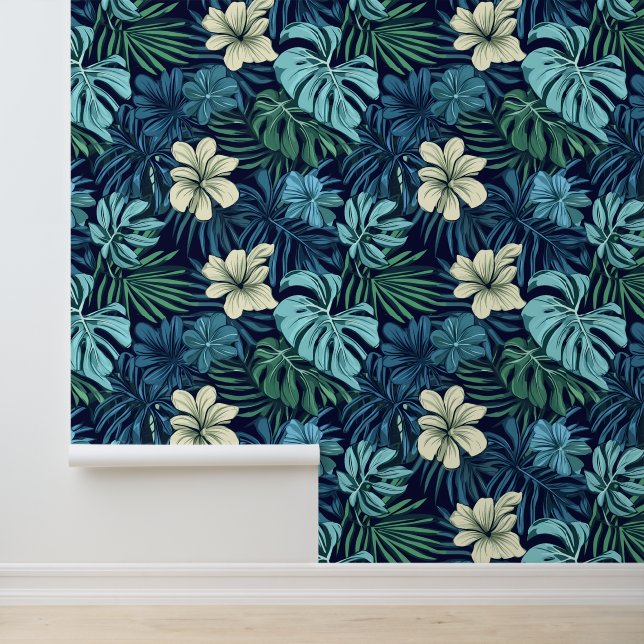 Tropical Leaves and Flowers Blue Green Wallpaper (Application)