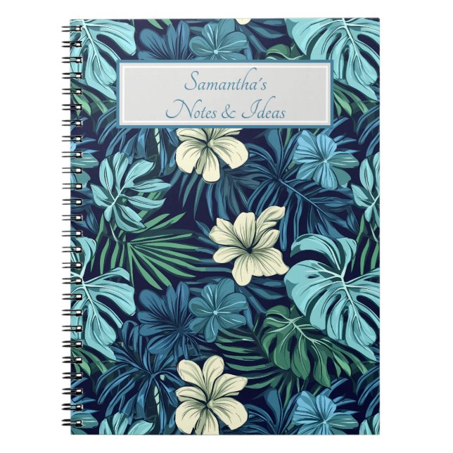 Tropical Leaves and Flowers Blue  Notebook (Front)