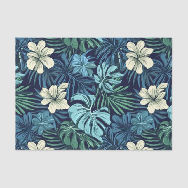 Tropical Leaves and Flowers Blue & White  Tissue Paper (Front)