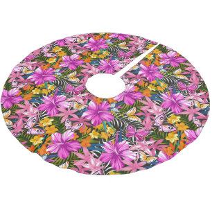 Tropical leaves and flowers brushed polyester tree skirt