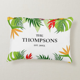 Tropical Leaves and Flowers Custom Last Name Decorative Cushion