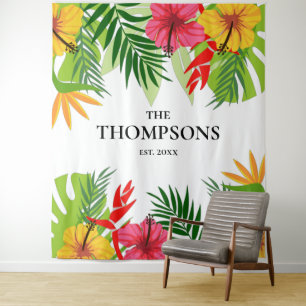 Tropical Leaves and Flowers Custom Last Name Tapestry