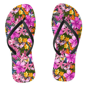 Tropical leaves and flowers flip flops