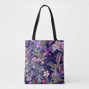 tropical leaves and flowers hand-drawn by watercol tote bag