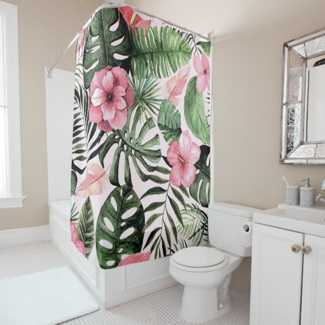 Tropical Leaves and Flowers in Pink Shower Curtain (In Situ)