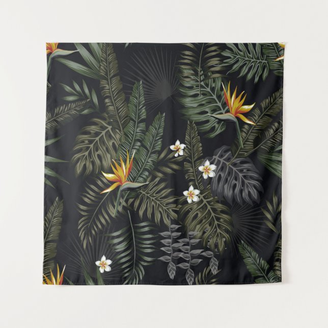 Tropical leaves and flowers in the night style. Se Tapestry (Front)