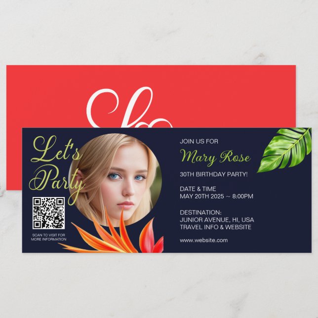 Tropical Leaves and Flowers Invitation (Front/Back)