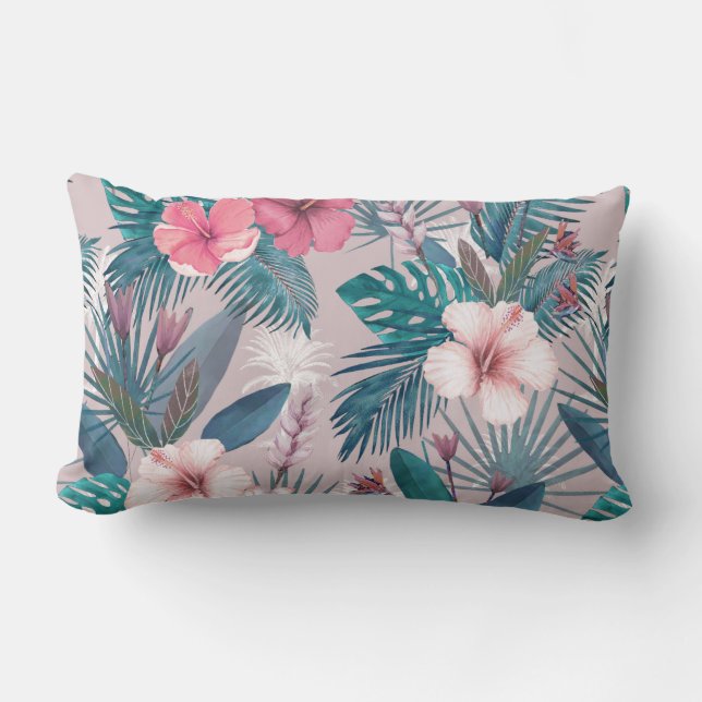 Tropical Leaves and Flowers Lumbar Cushion (Front)