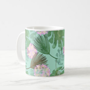 Tropical leaves and flowers on turquoise. coffee mug
