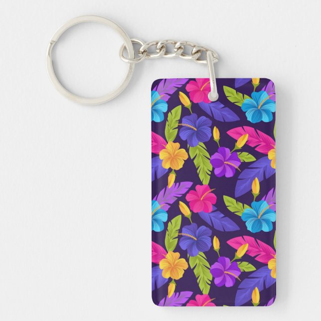 Tropical Leaves and Flowers Pattern-23857 Key Ring (Front)
