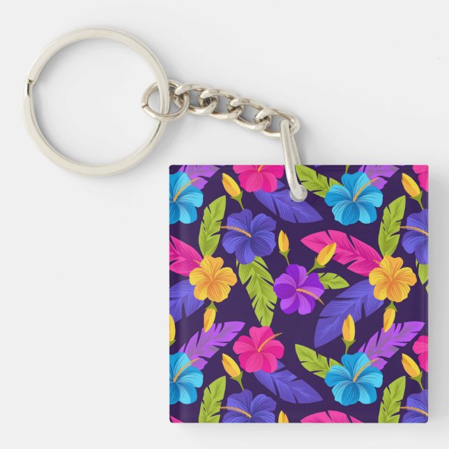 Tropical Leaves and Flowers Pattern-23857 Key Ring (Front)