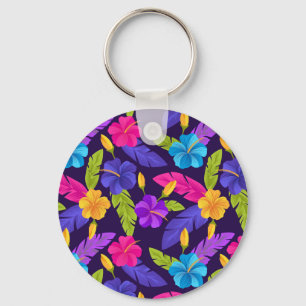 Tropical Leaves and Flowers Pattern-23857 Key Ring