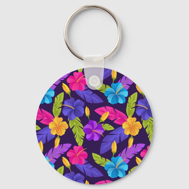 Tropical Leaves and Flowers Pattern-23857 Key Ring (Front)