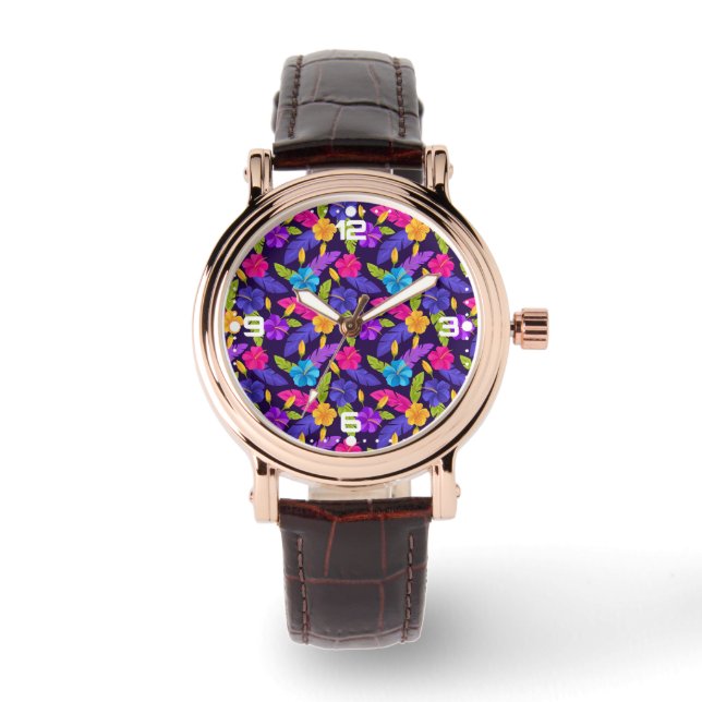 Tropical Leaves and Flowers Pattern-23857 Watch (Front)